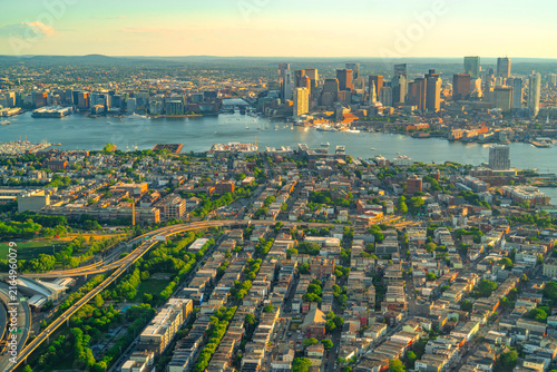 aerial view of Boston cityscape in dusk sunlight