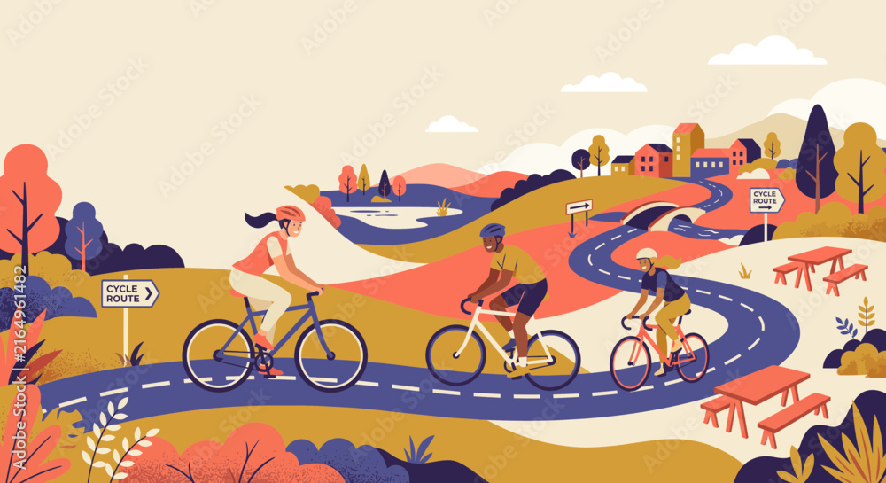Naklejka premium Group of cyclists riding on a winding road through a colorful autumn landscape with hills and trees