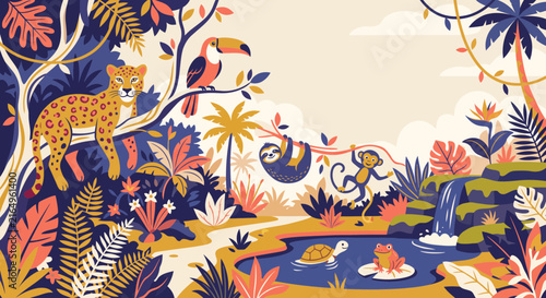 Colorful tropical jungle scene with exotic animals, lush plants, and vibrant foliage in a natural habitat illustration