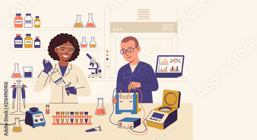 Scientists conducting experiments in laboratory with test tubes, microscope, and scientific equipment