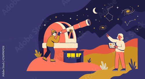 Astronomy enthusiasts observing stars and constellations with a telescope under a night sky