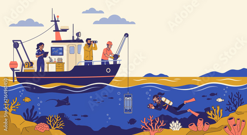 Commercial fishing boat with crew and underwater divers collecting marine samples in ocean environment