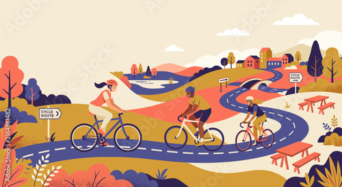 Group of cyclists riding on a winding road through a colorful autumn landscape with hills and trees
