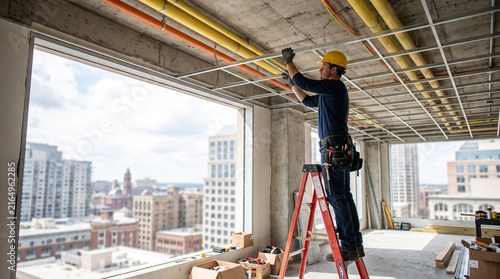 Construction Worker On Stepladder Installing Metal Ceiling Framing In Modern High Rise Building