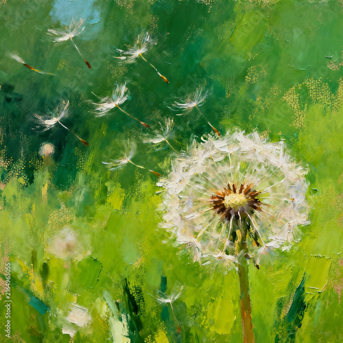 Dandelion Blowing Seeds In Green Meadow