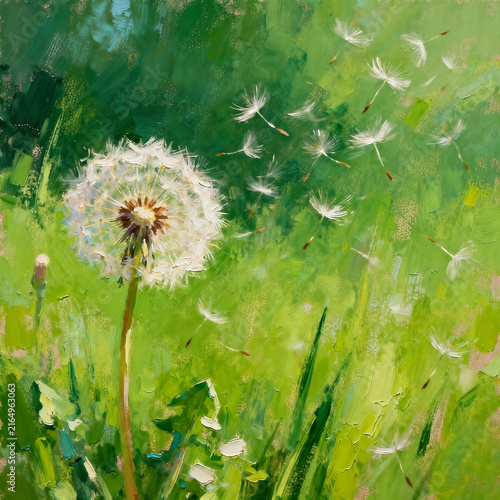 Dandelion Blowing Seeds In Green Meadow