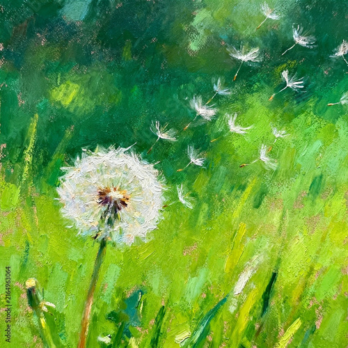 Dandelion Blowing Seeds In Green Meadow