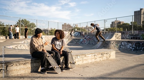 Skater Meetup in Raw Urban Environment, Young People Hanging Out and Watching Tricks at Concrete Skatepark, Street Culture Lifestyle, Gen Z Authenticity, Copy Space