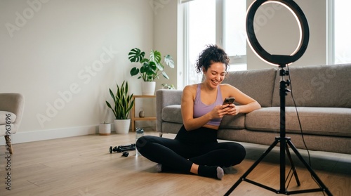 Young Creator Reviewing Video On Smartphone, Behind The Scenes Social Media Filming With Ring Light, Candid Real Emotion and Relief, Gen Z Lifestyle, Copy Space