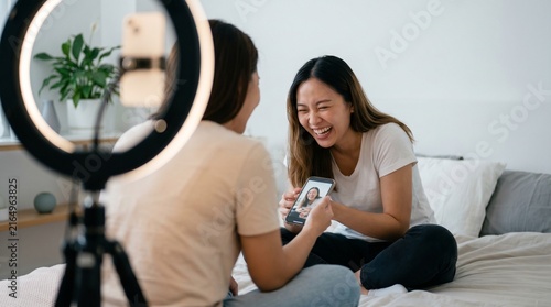 Friends Laughing At Bloopers While Creating Social Media Content, Behind The Scenes Video Production With Ring Light, Authentic Gen Z Friendship, Copy Space