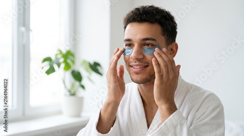 Portrait Of Young Man Applying Under Eye Gel Patches, Authentic Skincare Routine And Morning Self Care, Modern Men's Grooming Wellness, Copy Space