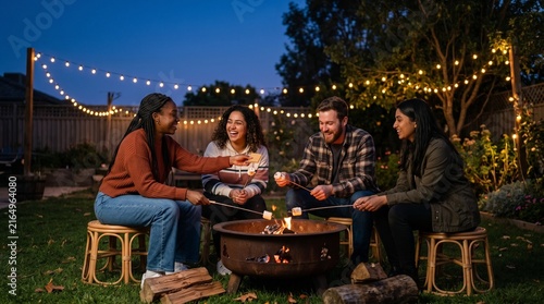 Friends Roasting Marshmallows Around Backyard Fire Pit At Dusk, Cozy Young Adults Gathering With Warm String Lights, Casual Lifestyle, Copy Space