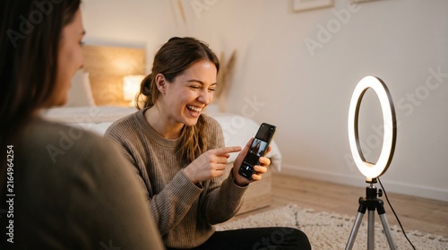 Young Content Creators Laughing At Smartphone Screen, Behind The Scenes Video Review With Ring Light, Authentic Gen Z Digital Friendship, Copy Space