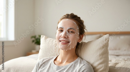 Portrait Of Young Person Wearing Hydrating Sheet Mask, Authentic Skincare Routine And Wellness At Home, Modern Clean Beauty Standard, Self Care, Copy Space