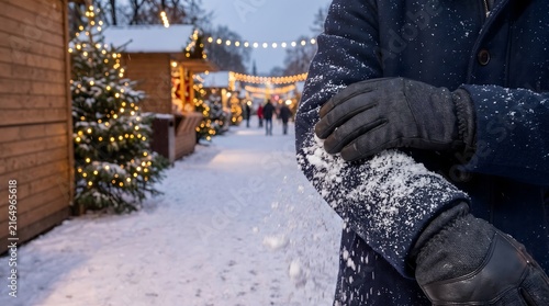 Person removing snow from coat at christmas market