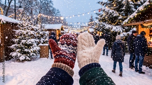 People wearing mittens enjoying christmas market in winter