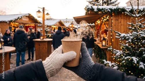 Hands holding steaming hot drink at festive christmas market