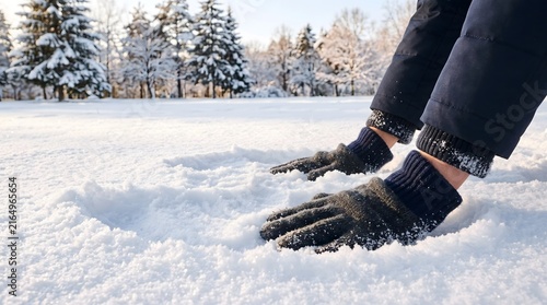 Person's hands playing with fresh snow in winter park