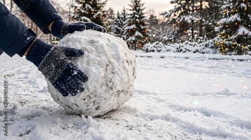 Person hands rolling large snowball in winter park
