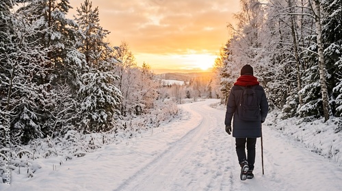 Person hiking a snowy winter forest path at sunset