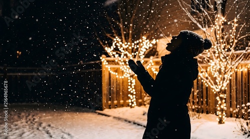 Woman enjoying winter snowfall under festive lights at night