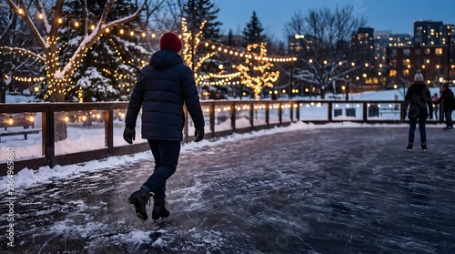 Man ice skating at outdoor rink during winter evening