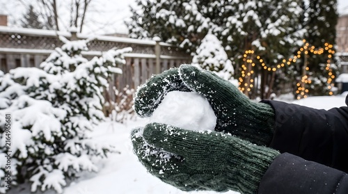 Person forming snowball wearing green mittens in winter