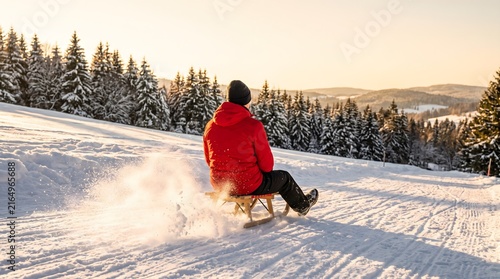 Man sledding downhill on snow during sunset