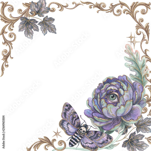 Gothic square frame with eye flower and death head moth. Hand drawn watercolor opulent background with purple green peony and gold baroque ornament. Witchcraft graphic for halloween banner design.