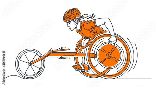 Woman athlete in racing wheelchair, dynamic line art