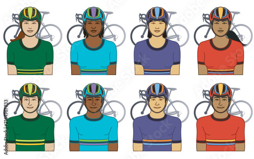 diversity, race, ethnicity of racing cyclist vector icons, male and female, wearing helmet, isolated on a white background