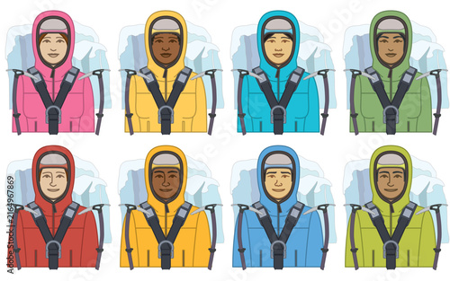 diversity, race, ethnicity of alpine mountain climber vector icons, male and female, wearing winter jacket and helmet with harness and belt, including snowy iced mountain, isolated on a white backgrou