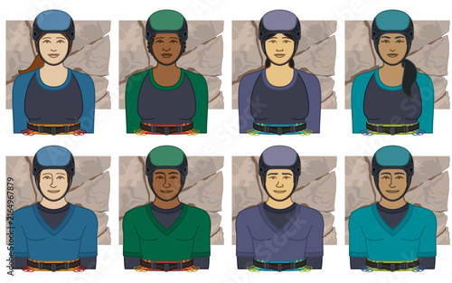 diversity, race, ethnicity of rock climber vector icons, male and female, wearing belt and helmet, including rock face, isolated on a white background