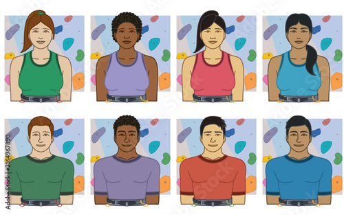 diversity, race, ethnicity of sport wall climber vector icons, male and female, wearing belt, including indoor climbing wall, isolated on a white background