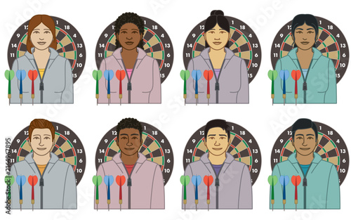 diversity, race, ethnicity of darts player vector icons, male and female, with dart board and set of three darts, isolated on a white background