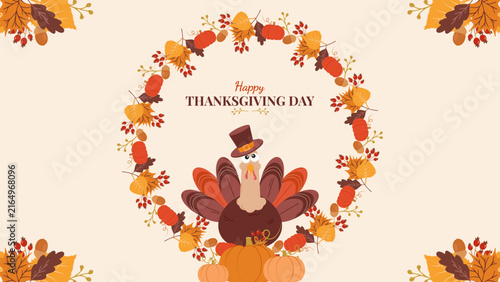 Cute turkey autumn leaves and wreath Thanksgiving invitation template. for greeting card party invite print and web design, vector illustration.