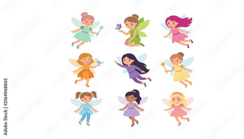 Obraz premium Cute flying little fairies vector illustration set featuring beautiful magical girls with butterfly wings, wands, and colorful hairstyles.