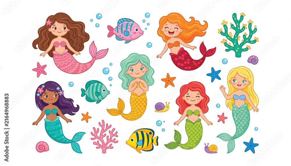 Obraz premium Cute little mermaids collection with colorful fish sea corals starfish shells and bubbles under the ocean water