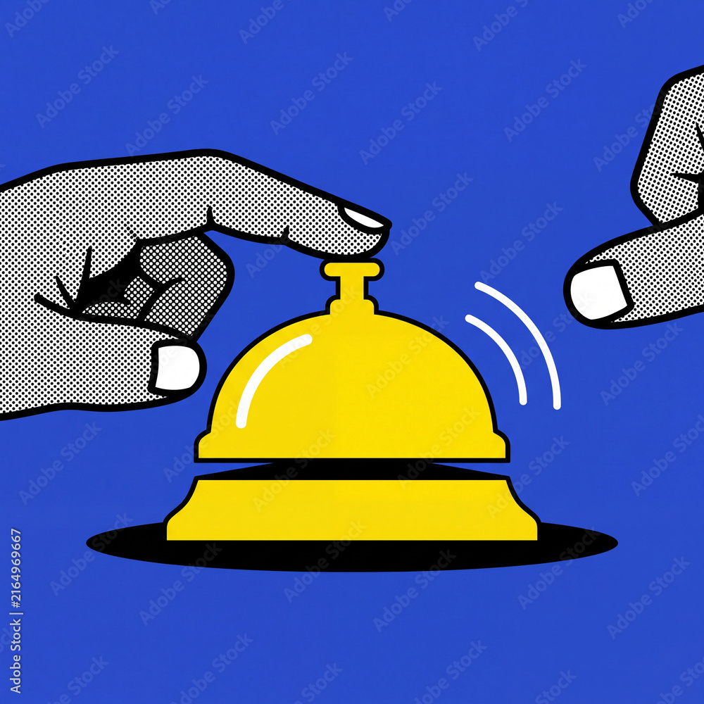 Fototapeta premium A stylized, pop art illustration featuring a yellow service bell being pressed by a hand, set against a bold blue background with a halftone texture.