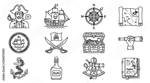 Bild auf Leinwand Pirate Icons Collection: Ship, Treasure Chest, Map, Compass, Cutlass, Rum