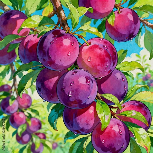 Ripe Purple Plums With Dewdrops On Tree Branch