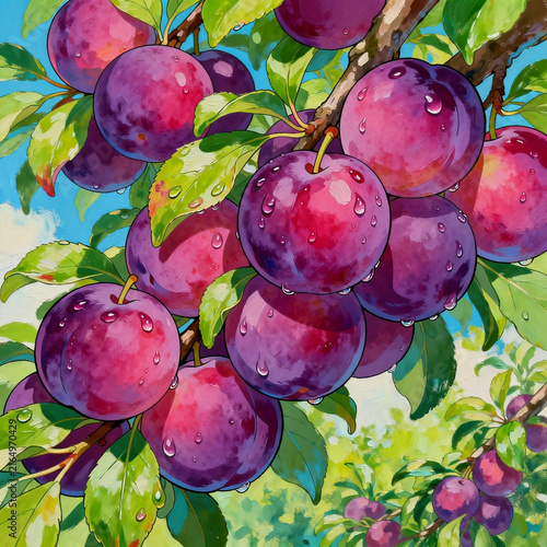 Ripe Purple Plums With Dewdrops On Tree Branch