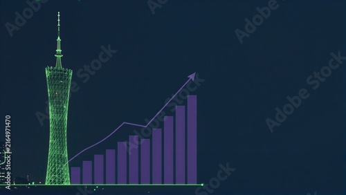 Green tower stands beside rising purple bars, symbolizing growth and progress.