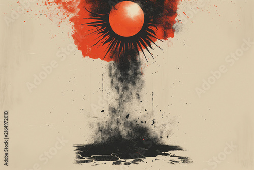 Sun heatwaves morphing into smoke over barren ground, retro climate change powerful solar flare erupting, casting fiery tendrils across the sky and over desolate scorched landscape.