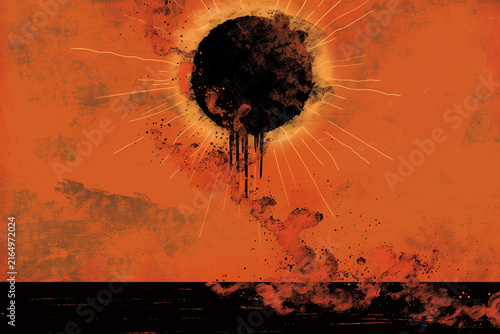 Sun heatwaves morphing into smoke over barren ground, retro climate change powerful solar flare erupting, casting fiery tendrils across the sky and over desolate scorched landscape.