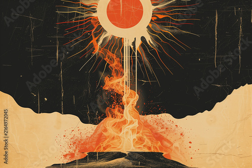 Sun heatwaves morphing into smoke over barren ground, retro climate change powerful solar flare erupting, casting fiery tendrils across the sky and over desolate scorched landscape.