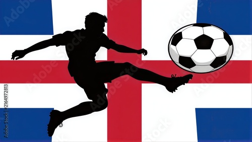 Silhouetted soccer player kicks ball against flag backdrop, dynamic motion captured.