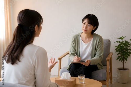 Naklejka 相談室で向き合って話を聞くカウンセラー