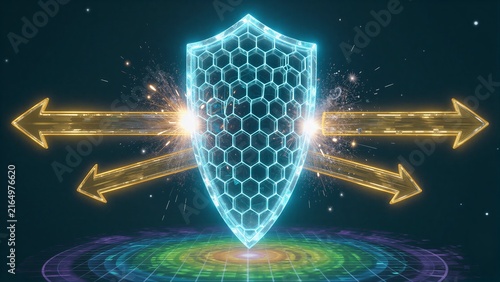 A glowing shield blocks golden arrows, symbolizing protection against incoming threats.