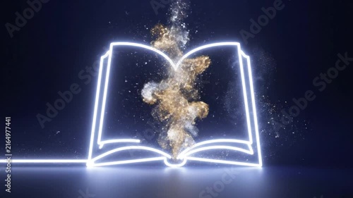 Open book outline rendered in glowing neon light releases glowing magic particles into dark space.